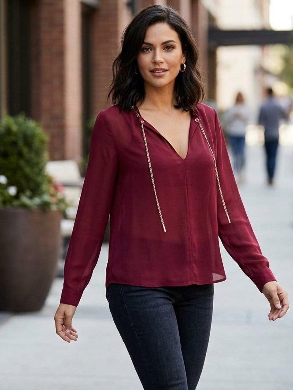 GUESS Women's Burgundy Long-Sleeve Blouse with Chain Trim
